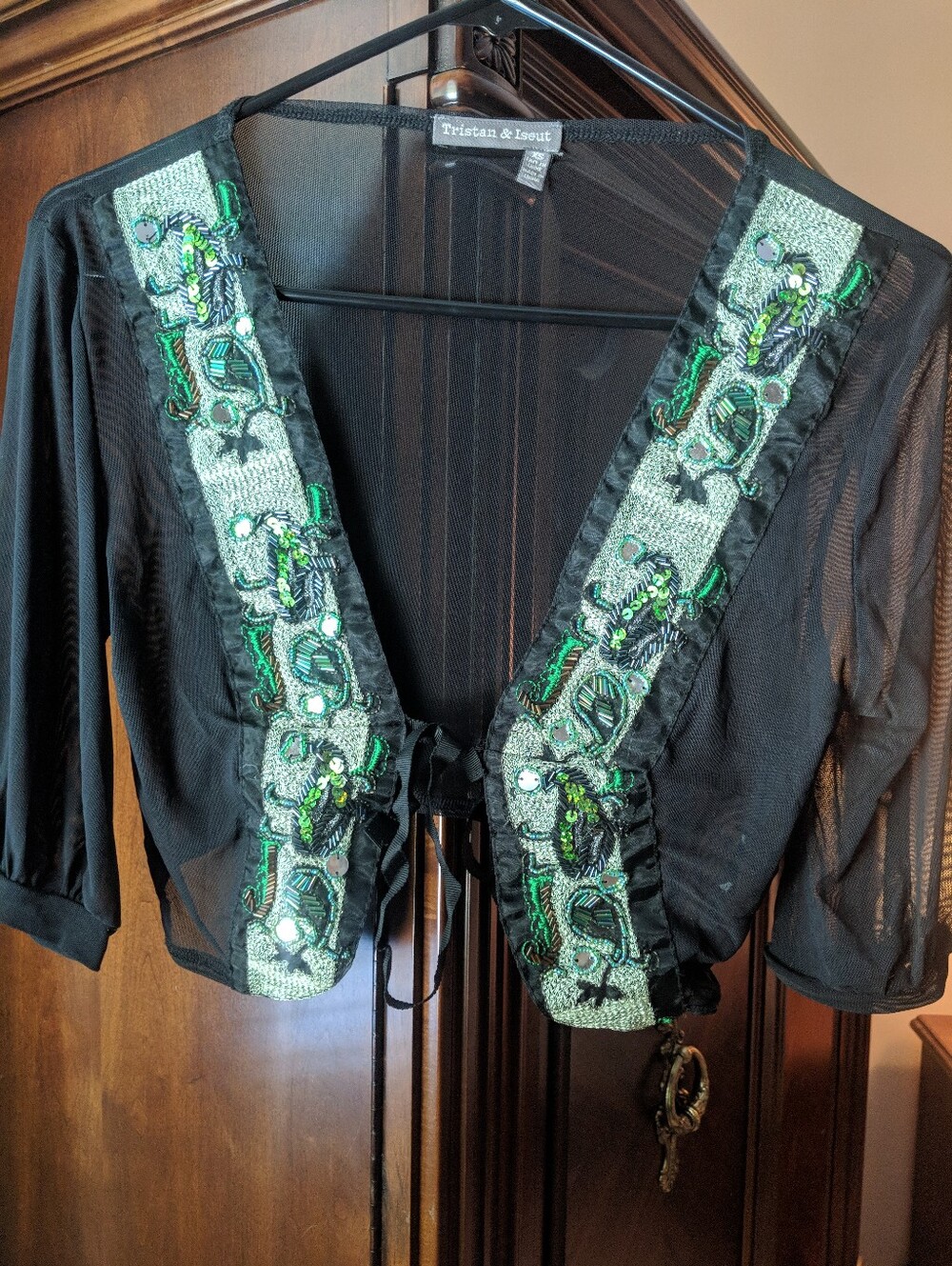 Black Sheer Bolero with Green Embroidered Trim